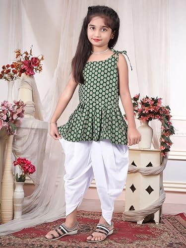 Image of Girls Ethnic Printed Peplum Top and White Dhoti Pant Set | Stylish Sleeveless Kurti with Comfortable Bottom | Traditional Festive Outfit for Kids