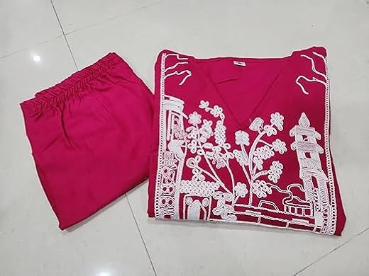 Embroidered Rayon Co-Ord Set for Women, Designer Kurta with Palazzo, Ethnic Motifs, V-Neck.