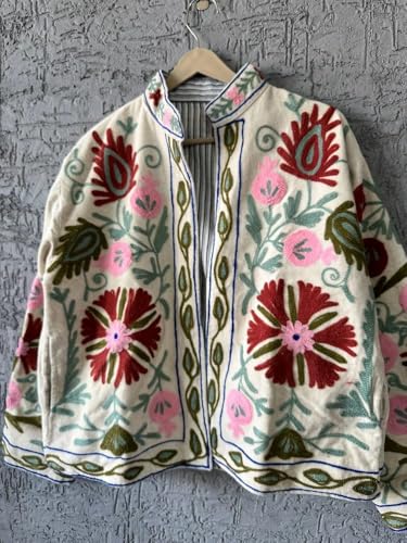 Vintage Floral Embroidered Velvet Jacket, Cream with Burgundy Pink Flowers, Stand Collar, Suzani-Style Border, Hip Length2