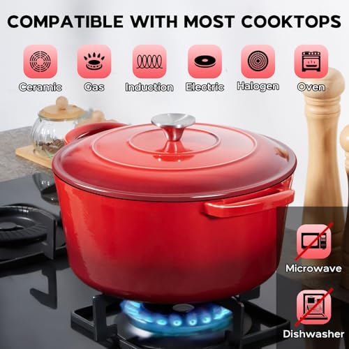 Onader 7QT Enameled Cast Iron Dutch Oven with Lid for Bread Baking, Round Dutch Oven Pot, Heavy Duty - Red