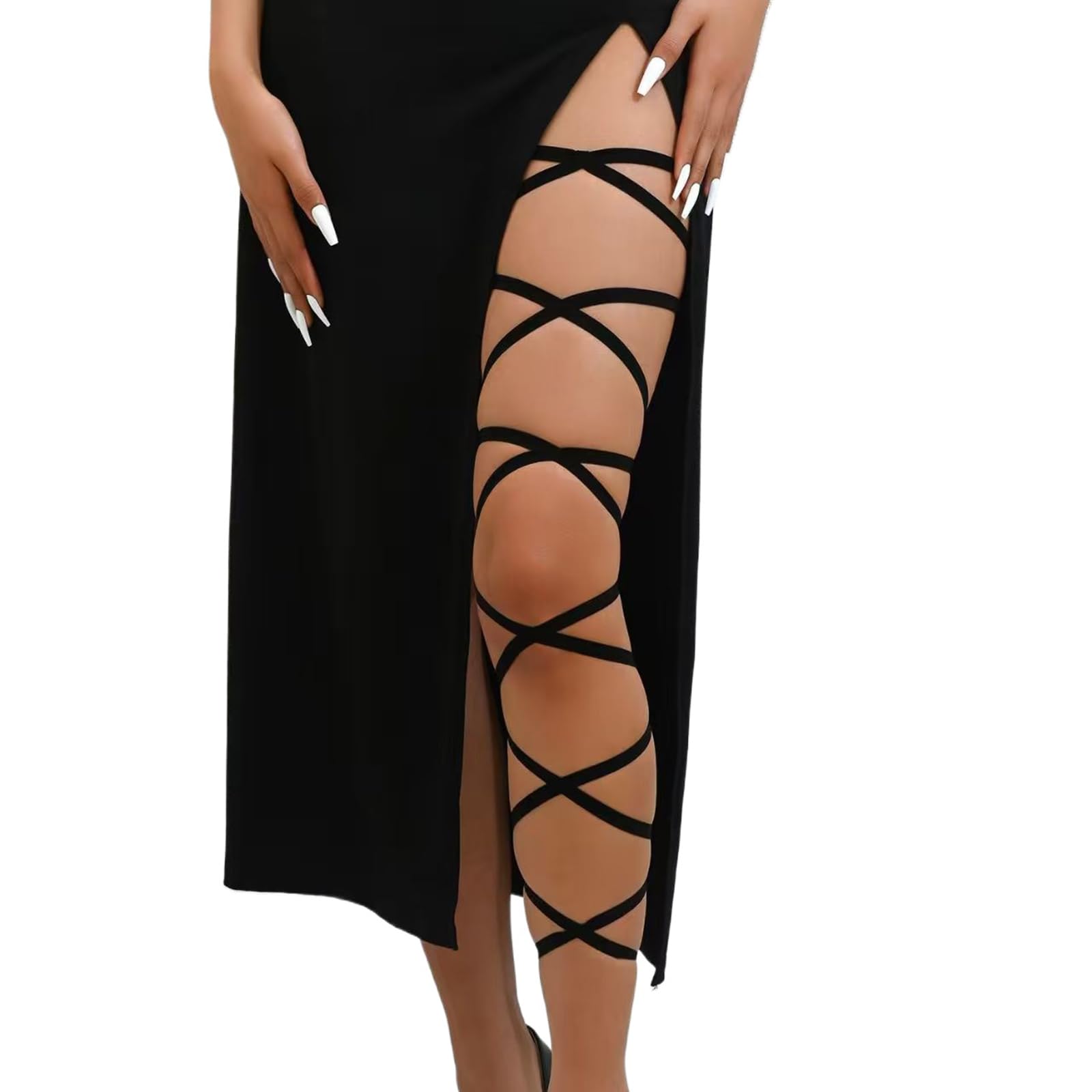 Elastic Cross Thigh Garter String Chain Leg Wraps, Punk Black Harajuku String Chain Body Jewelry for Women