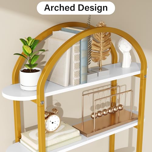 Image of Jehiatek Arched Bookshelf Bookcase, 71 Inches Tall Industrial Book Shelf with Sturdy Metal Frame, E1 Quality Boards, Freestanding Display Shelving Unit, Gold