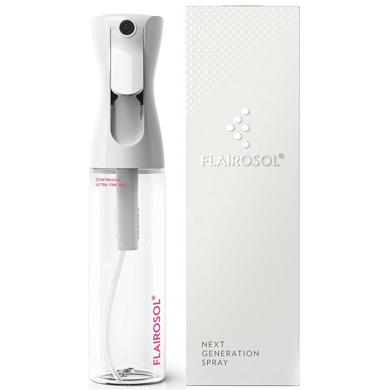 FLAIROSOL Flacone Spray Nebulizzatore per Capelli Ricci 300ml, Spruzzino Acqua Continua Fine per Barbiere/Parrucchiere - Ricaricabile, per pulizia/Piante/Animali Domestici (Trasparente, Stampa Rosa)
