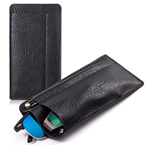 TRIUMPH VISION Double Eyeglasses Pouch Sunglasses Pouch Glasses Sleeve Leather Soft Case for Shades and Reading Frame, Black, L