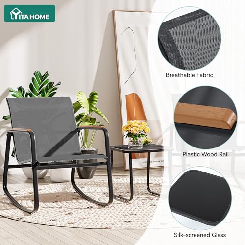 YITAHOME 3 Piece Rocking Bistro Set, Outdoor Patio Furniture Set with Wooden Armrests, Porch Chairs Set with Glass Table for Lawn, Garden, Balcony, Poolside, Dark Gray by YITAHOME - Image 6
