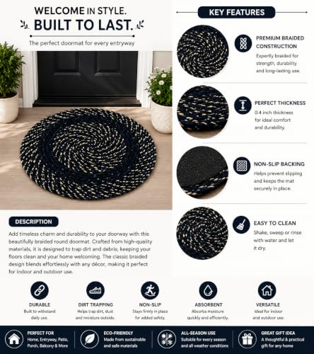 Image of BENAVJI Round Shape Feather Door Mat - Cotton Reversible for Kitchen and Home - 15 Inch Small Pack of 1