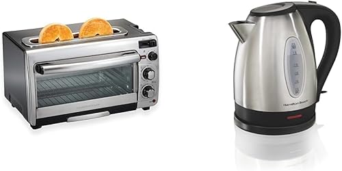 Hamilton Beach Horno de encimera 2 en 1 y tostadora de ranura larga, hervidor de té eléctrico y acero inoxidable, caldera de agua y calentador, 1.7