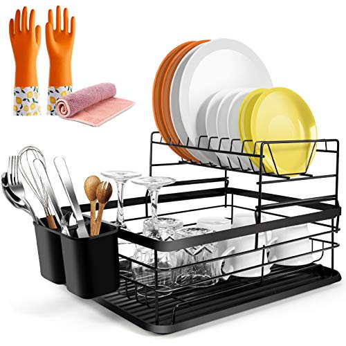 Masthome Escurridor de Platos de 2 Niveles de Hierro con Soporte para Utensilios, Escurreplatos de Cocina,Organizdor de Platos Multifunctional,Soportes para Platos,Negro, Con Guantes y Paños