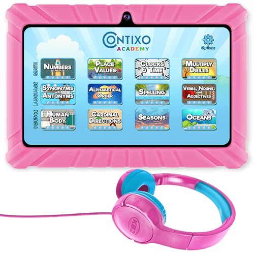 Image of Contixo Kids Tablet Bundle, 7 inch Learning Tablet with Headphones, Pink | 7 inch IPS display, 32GB storage, parental controls, wired headphones, durable case, learning apps, ages 3-12.