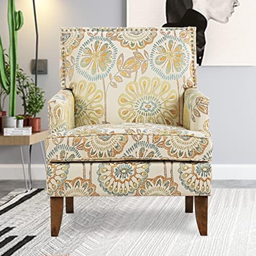 Vaztrlus Accent Chairs Living Room Floral Print Fabric Club Chair Tufted Wingback Chair Reading Arm Reading Chairs for Bedroom Comfy(Beige Yellow)