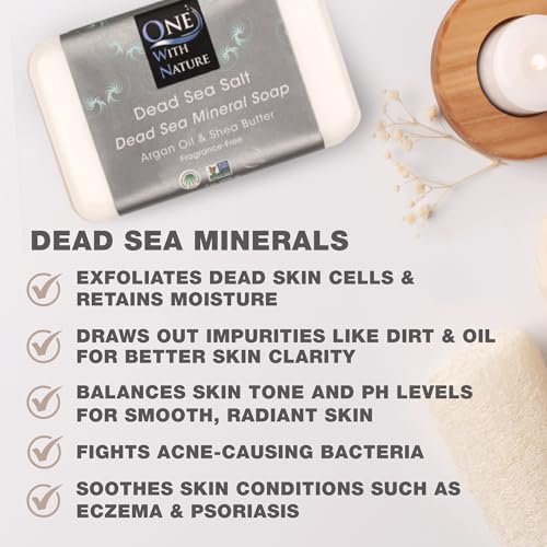 One With Nature DEAD SEA Salt SOAP 3 PK - Shea Butter, Argan Oil, Magnesium, Sulfur, Minerals. All Skin Types, Problem Skin. Acne Treatment, Eczema, Psoriasis, Therapeutic, Natural, Fragrance Free, 7 oz Bars