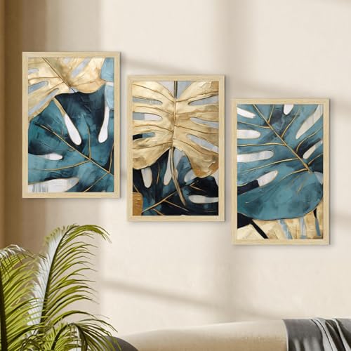 Image of ArtX Paper Abstract Leaf Paintings For Wall Decoration, Home Decor Wall Art, Hotel Wall Painting for Living Room, Multicolor, Natural Wood Color Frames, 12x18 inch, Set of 3
