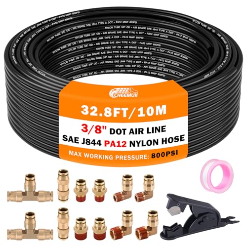 CheeMuii 3/8 Brass DOT Air Fittings With 32.8FT 3/8 DOT Air Line Kit Quick Connect DOT Air Line Fittings and PA12 Pneumatic Tubing for Semi Truck Trailer or Industrial Air System