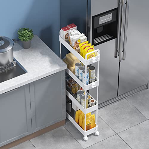 SOLEJAZZ 4-Tier Storage Trolley Cart Slide-out Slim Rolling Utility Cart Mobile Storage Shelving Organizer for Kitchen, Bathroom, Laundry Room, Bedroom, Narrow Places, Plastic, White - Image 6