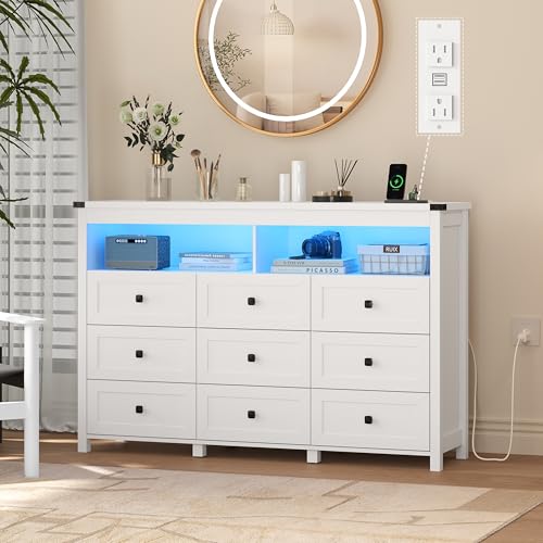 Image of Wodeer 9 Drawer Dresser for Bedroom with LED Lights, Charging Station, Wood Chest of Drawers with Metal Handles, Modern TV Stand & Storage Organizer for Bedroom, Hallway, White