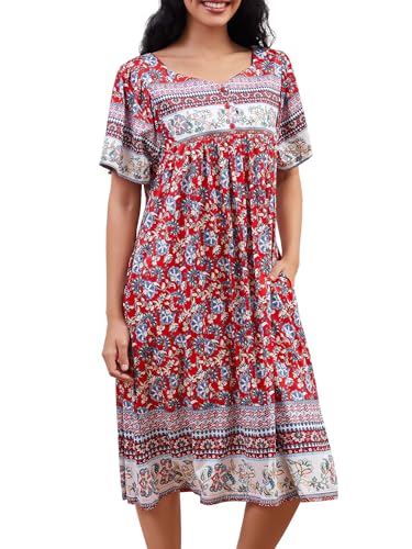 Image of CRIPOM Womens Nightgown Short Sleeve House Dress with Pockets-Floral Print Mumu Dress S-3XL