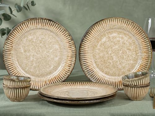Image of Bodhi House Premium 12-Piece Stoneware Dinner Set Serving for 6 - Handcrafted Ceramic Plates, Bowls & Serving Bowls | Microwave & Dishwasher Safe | Elegant Modern Tableware Crockery Rustic Sand Beige