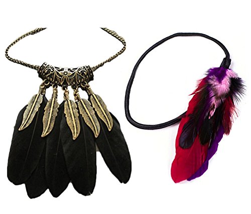 Tribal Feather Black Bronze Necklace & Multi Colour Feather Headband