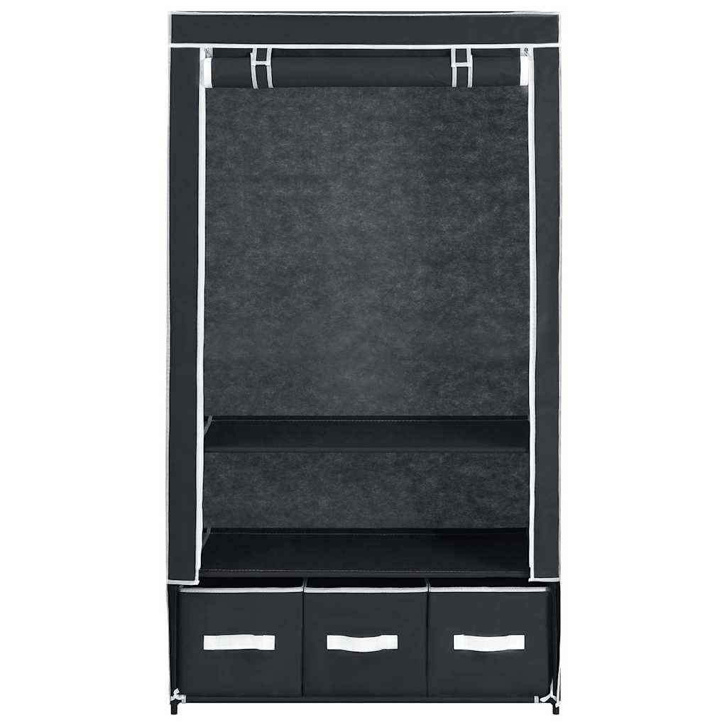 Kleiderschrank Schwarz 87 x 49 x 159 cm Stoff mit 3 Schubladen und Kleiderstange, platzsparender Faltschrank für Schlafzimmer, Flur, Kinderzimmer, Robustes Vliesmaterial, einfache Montage