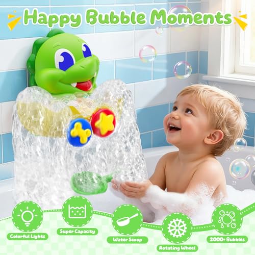 Dinosaur Baby Bath Toys for 1 2 3 Year Old Boys, Dino Bath Bubble Machine with Rainbow Lights & Water Scoop,Fun Toddler Toys Baby Shower Bathtub Toys Birthday Easter Gifts for Kids Age 1-3 Year Old
