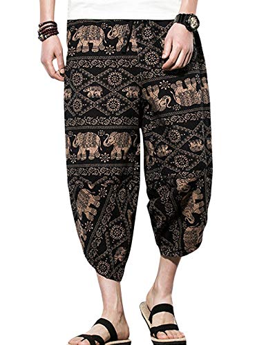 Flygo Men's Ethnic Stylish Drawstring Elastic Waist Loose Fit Baggy Linen Harem Capri Pants