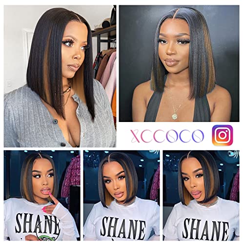 Xccoco Highlight Bob Wig Short Straight Synthetic Wigs 12Inch Blunt Cut Bob Straight Wig Black Wigs With Honey Blonde Highlights Peekaboo Lace Wigs For Women #TOP5