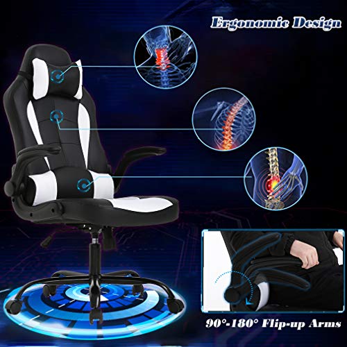 Pc Gaming Chair Massage Office Chair Ergonomic Desk Chair Racing Executive Pu Leather Computer Chair With Lumbar Support Headrest Armrest Task Rolling Swivel Chair For Women Adults, White #TOP5
