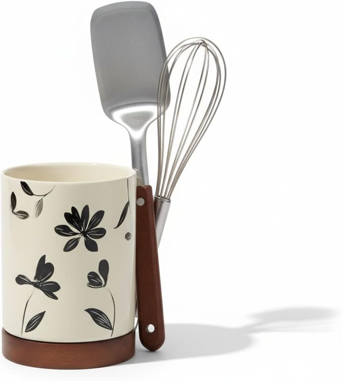 Rustic Kitchen Decor, 4.1 X 5.5 in Beige Floral Ceramic Utensil Holder with Wooden Base, Ideal Gift
