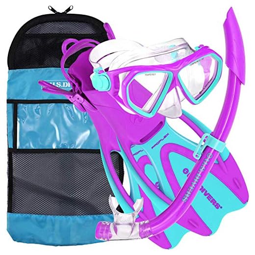 U.S. Divers Junior Kids Dorado Mask, Proflex Fins, Sea Breeze Snorkel Set with Carry Travel Bag, Fun Purple