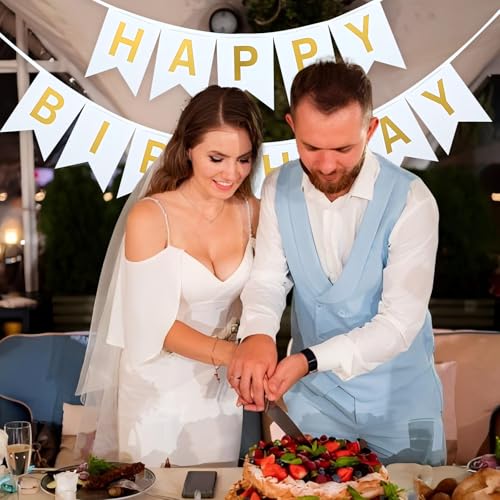 Image of White Happy Birthday Banner With Shiny Gold Letters- 16 ft Pre-Strung Gold & White Birthday Party Decorations Sign for Girls, Boys, Kids, Women - No DIY Hanging Backdrop for Indoor & Outdoor Celebrations