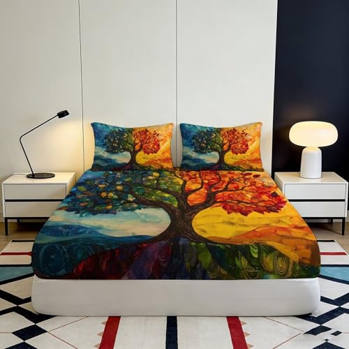 Drap-housse 140x200 cm Arbre des Saisons en microfibre 3D pour lit double - 4