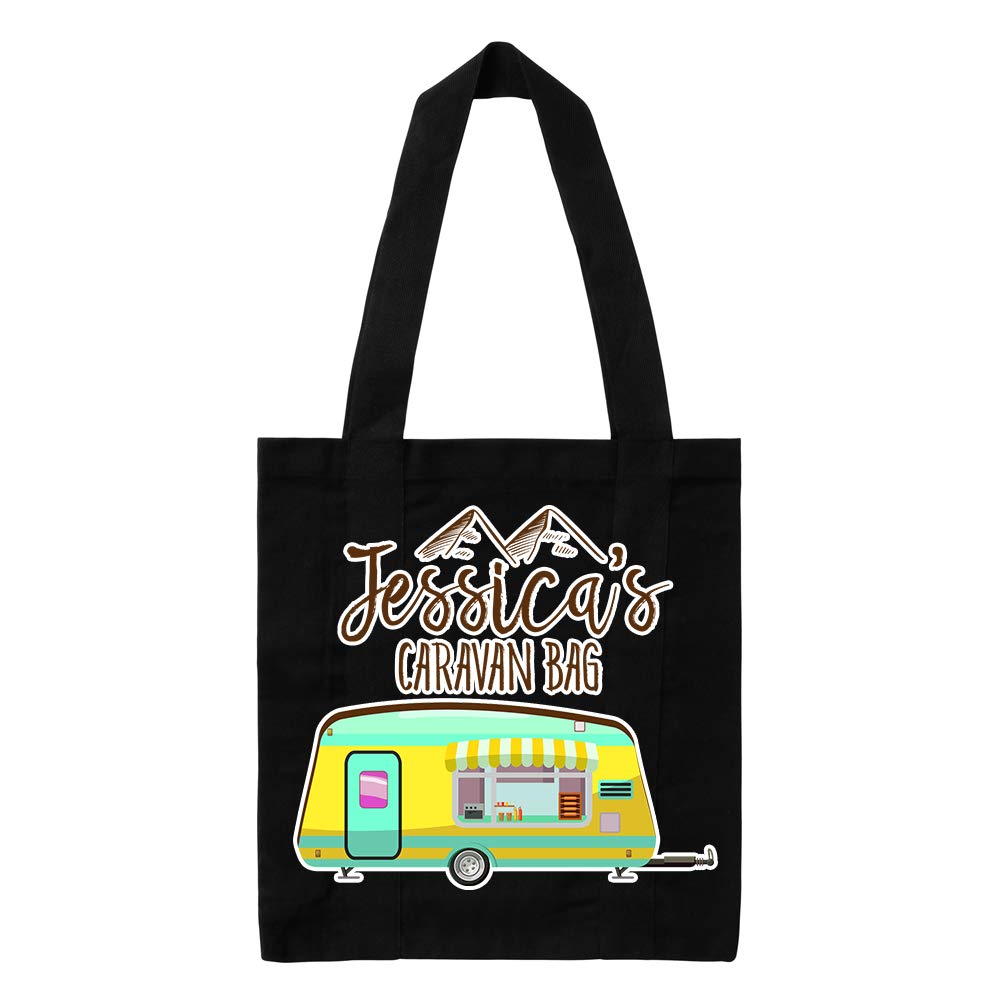 Getagift Personalised with ANY NAME Caravan Cotton Shopping Bag, Tote Bag, Present for Him or Her, Happy Campers, Friend, Family, Birthday, Vacation, Holiday. (Full Black)