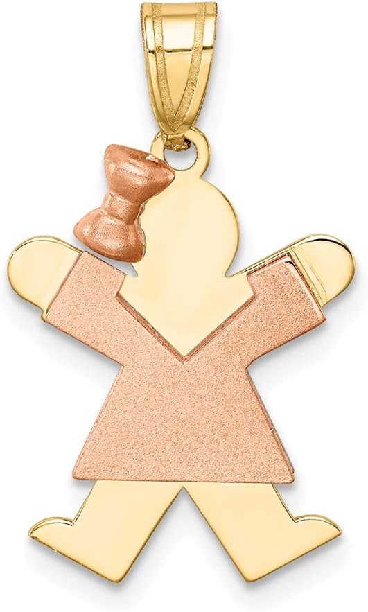 Solid 14k Yellow and White Gold Two Tone Small Girl with Bow on Left Engravable Charm Pendant - 25mm x 15mm