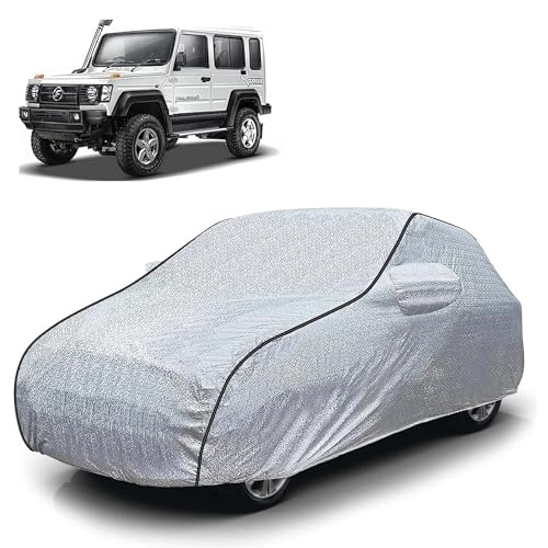 Image of Sulfar 100% Waterproof Car Body Cover Compatible with Mirror for Force Gurkha (Triple Stitched, Full Bottom Elastic, Magic Silver with Black Piping)