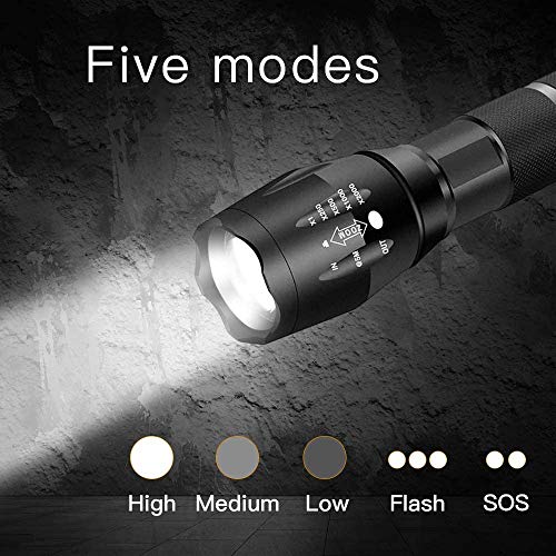 Super Bright 2000 Lumen 18650 Tactical Flashlight and 6x 3.7V Rechargeable High-Capacity Battery with Batteries Charger,Adjustable Focus and 5 Light Modes Handheld Flashlight for Camping Hiking