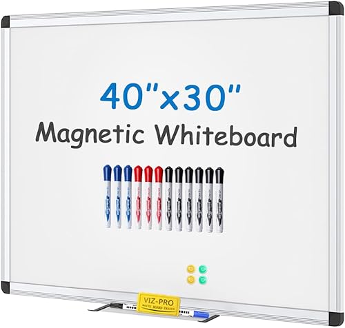 VIZ-PRO Pizarra blanca magnética/pizarra de borrado en seco, 40 x 30 pulgadas, con 1 borrador, 14 marcadores y 4 imanes