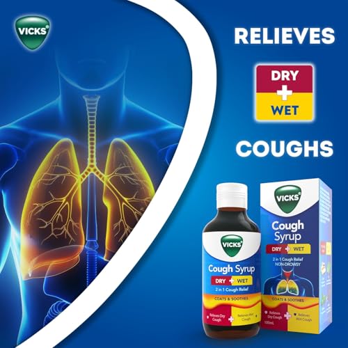 Image of Vicks Cough Syrup, 100ml Bottle - Fast Relief for Dry & Chesty Coughs with Tulsi & Ginger, Ayurvedic Ingredients, Non-Drowsy Formula, Easy to Carry, Over-The-Counter (OTC)