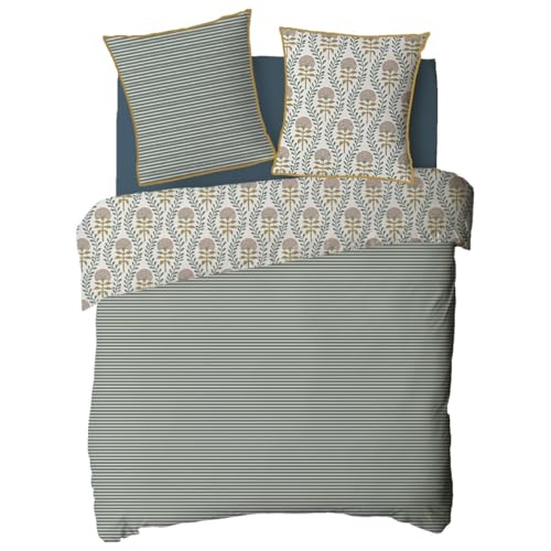 Linge de lit 260x240cm floral charme rayé aux finitions soignées avec boutons
