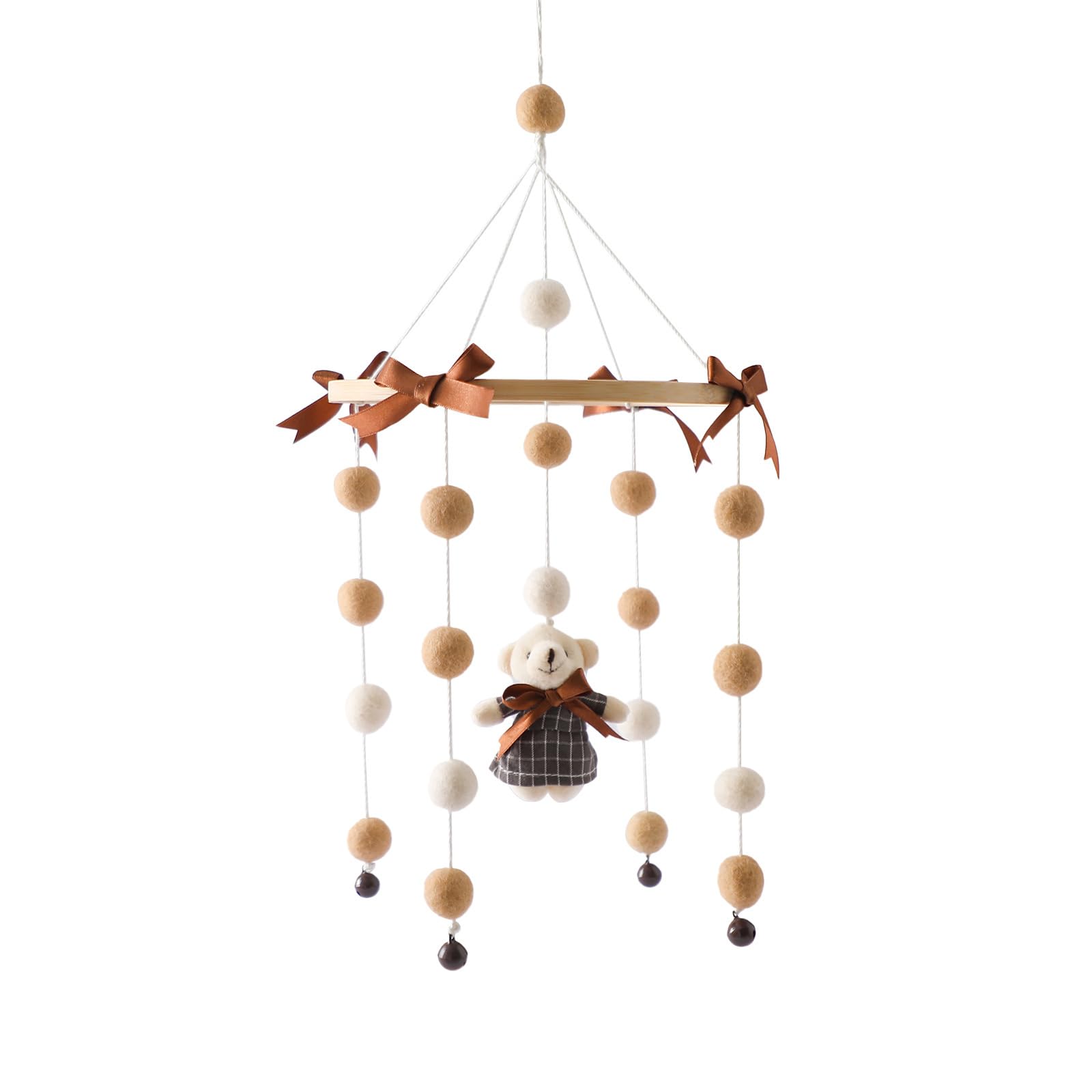 Kitten Coaxing Sleep Theme Wooden Bead Baby Crib Bell, Nursery Bedroom Beaded Baby Pendant, Mobile Crib Bell with Bell, Newborn Boy and Girl Photo Props (Bear)