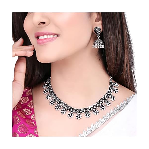 Yellow Chimes Traditional Silver Oxidised Kohlapuri Jewellery Choker Necklace Set for Women - Image 5