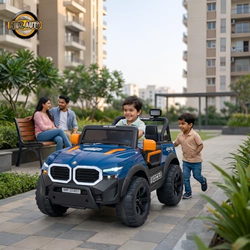 Image of KAB J 777 Rechargeable Battery Operated Jeep for Kids | POBO-2026|Electric Ride-On Toy with LED Lights,Music,RGB Windshield,Steering Function & Dual Control (Blue)