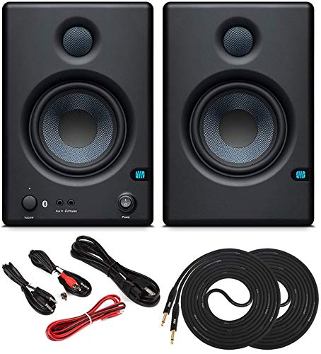 PreSonus Pair ERIS E4.5 BT 4.5 Active Bluetooth Media Reference Monitors with Stereo Cable Kit and 2x TS/TS Instrument Cables - Wireless Streaming Sound from a Smartphone, Tablet, Laptop