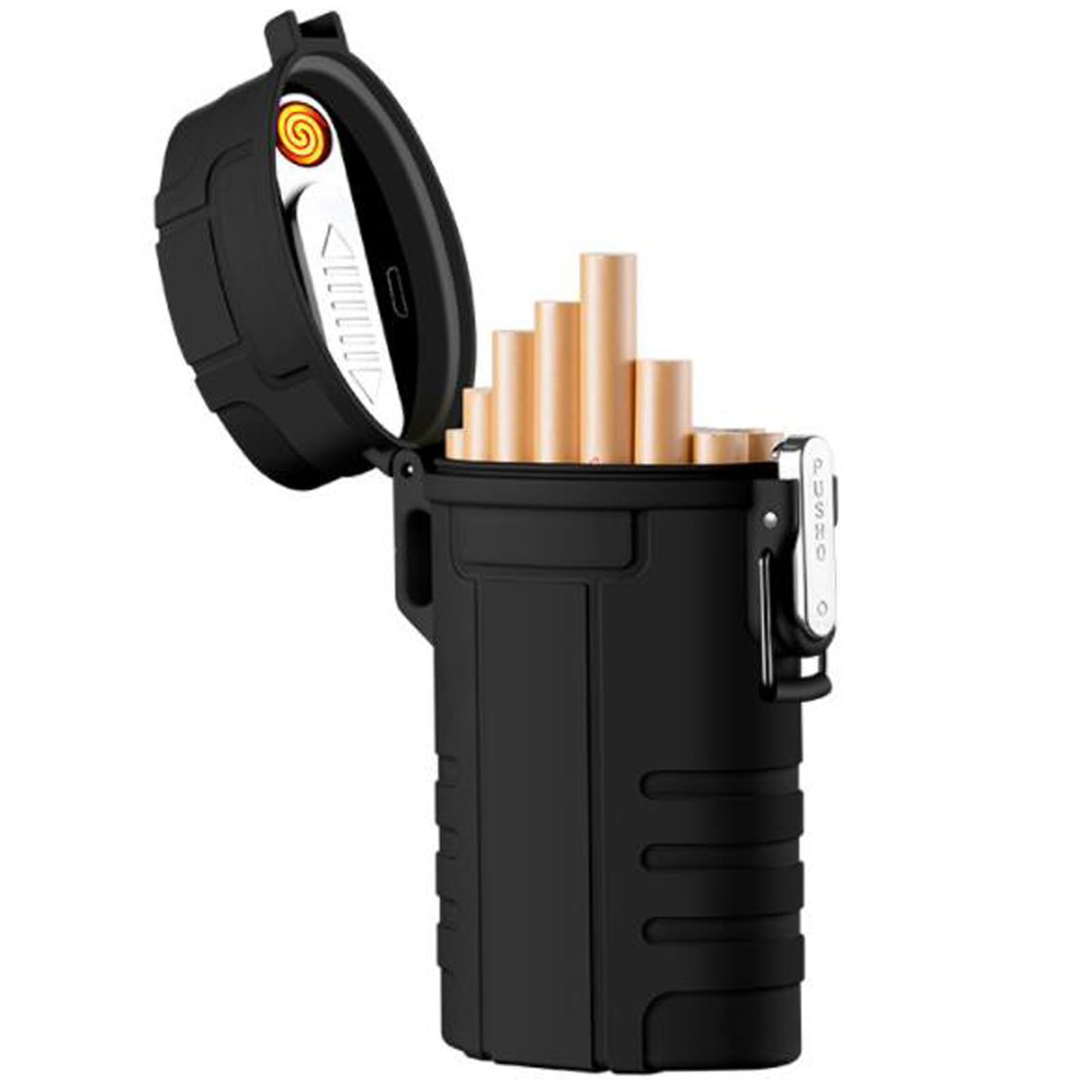 Waterproof Cigarette Case with Lighter, Full Pack 20 Regular Holder Electric Lighter USB Rechargeable, Windproof Flameless for Outdoor Adventures (Oval Black)