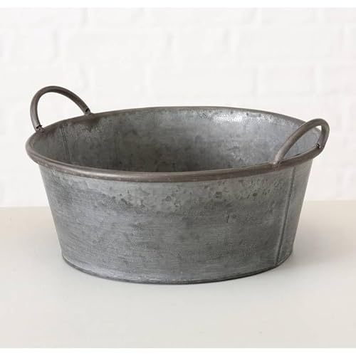 L'Héritier Du Temps Bassine Métal Effet Zinc Bac à Plantes Jardinière Jackson à Poignée Ronde PM 17,5x31,5x37,5cm
