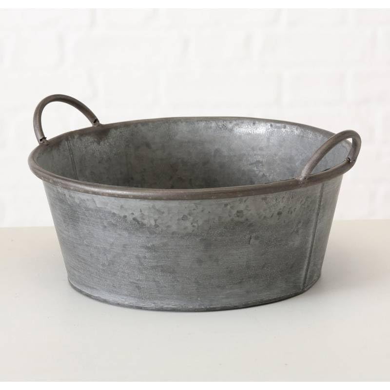 L'Héritier Du Temps Bassine Métal Effet Zinc Bac à Plantes Jardinière Jackson à Poignée Ronde PM 17,5x31,5x37,5cm