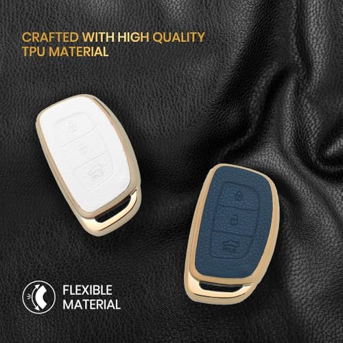 Image of Keyzone Litchi Leather Textured TPU Key Cover & Keychain for Exter, Creta, i20, Aura, Xcent, Tucson, Elantra, Verna, Grand i10 3 Button Smart Key (White)