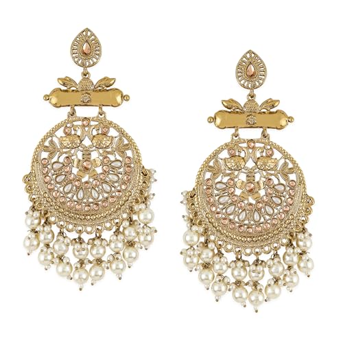 Image of Rubans Chandbali Earrings Kundan Pearl Beads Traditional Wedding Jewellery for Women & Girls