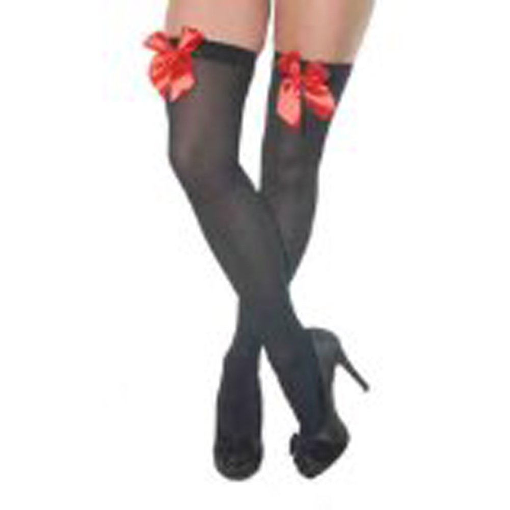 Crazy Chick Women's Black With Red Bow Thigh High Hold Up Stockings With Coloured Satin Bows Many Colours (Black With Red Bow)