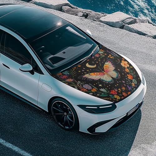 Image of Renewold Car Hood Cover Protector Floral Butterfly Moon Pattern Hood Covers for Cars Hood Wrap Blanket Women Men Automotive Exterior Accessories for Most Sedan Small SUV Truck