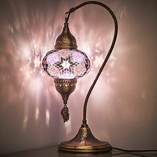 New BOSPHORUS Stunning Handmade Turkish Moroccan Mosaic Glass Table Desk Bedside Lamp Light with Bronze Base Purple